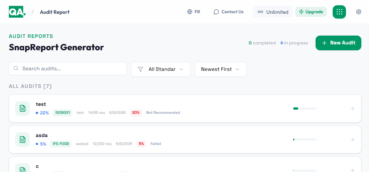 myQA.team SnapReport dashboard listing standards-based audits, completion, and outcomes