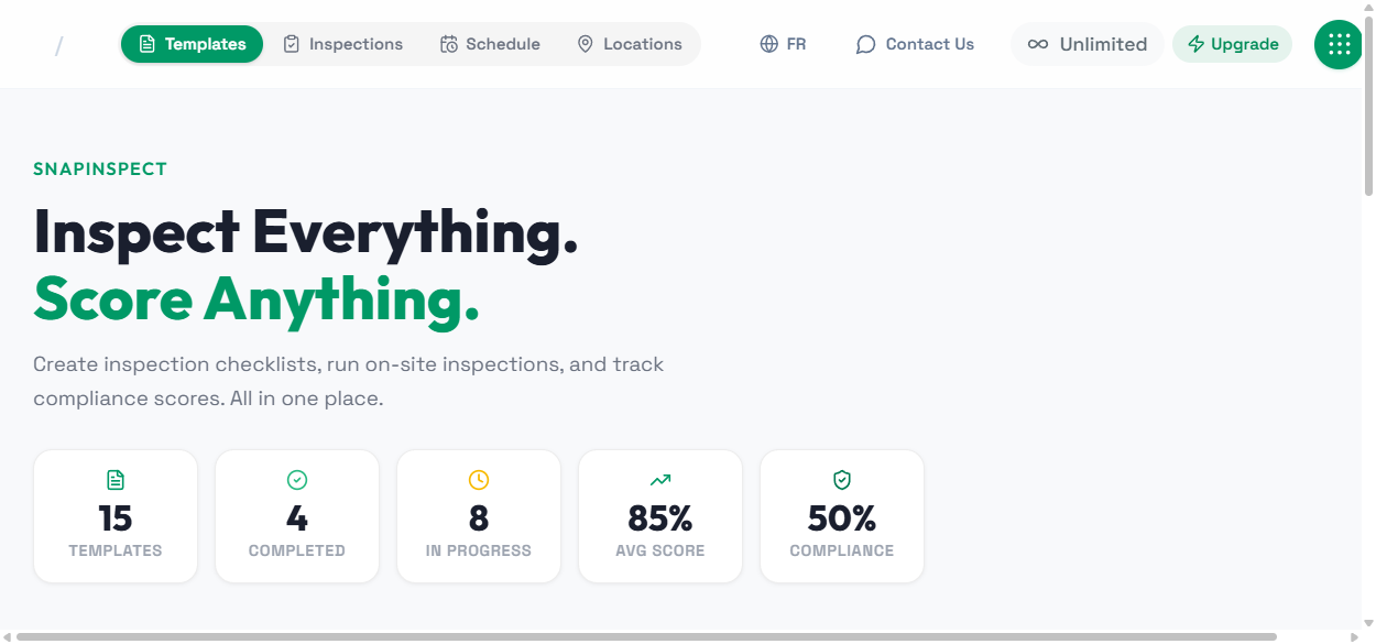 myQA.team SnapInspect dashboard showing inspection templates, progress, scores, and compliance